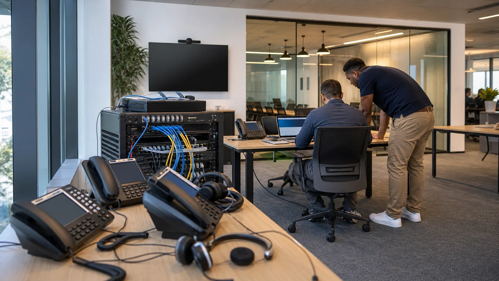 Long Island Business Phone Systems team reviewing business voice and call-flow operations requirements for Cybersecurity MSP NYC — Phone System Decision Support